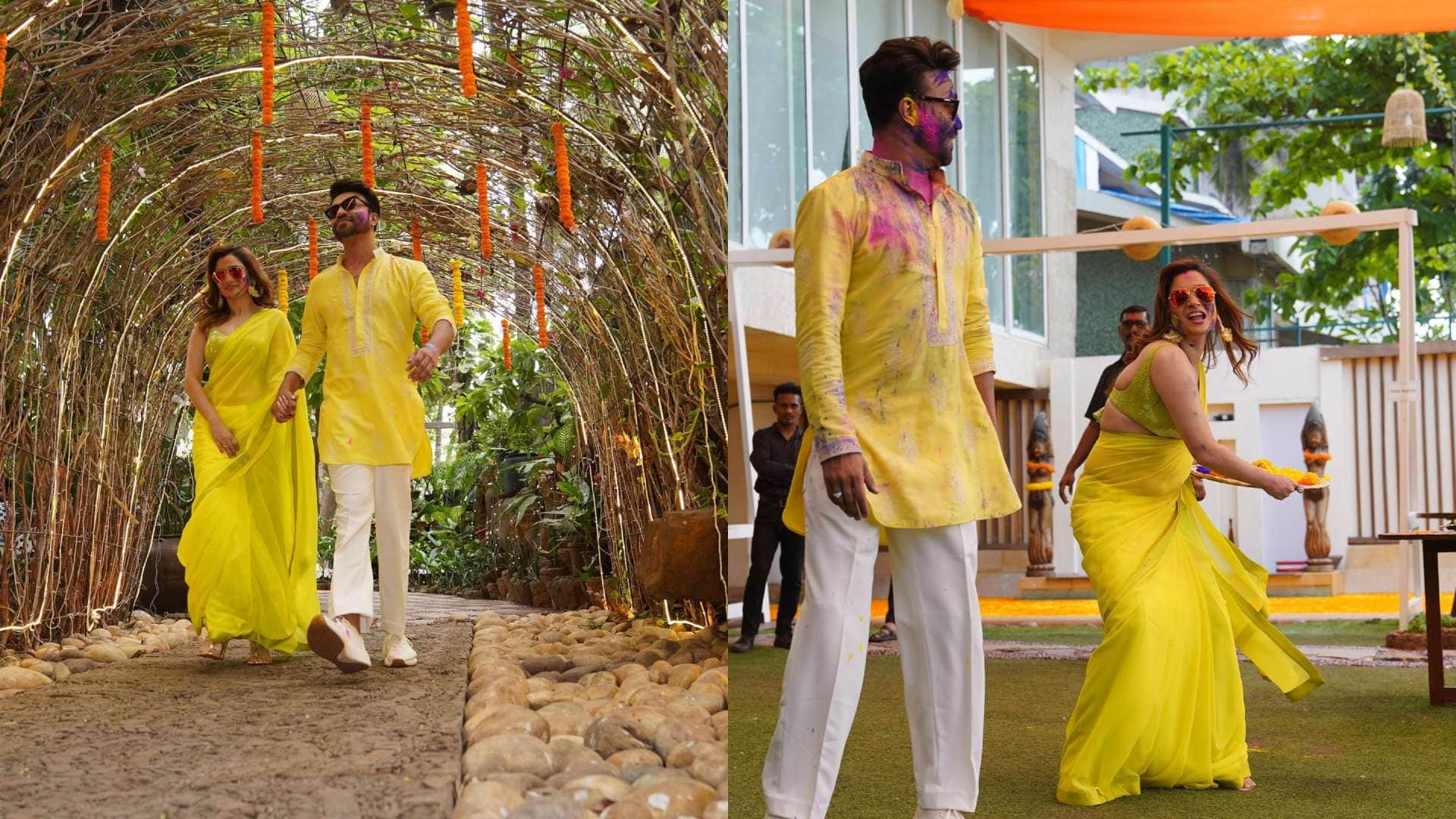 Holi 2023 Ethinic look of ankita lokhande with husband vicky jain in holi party