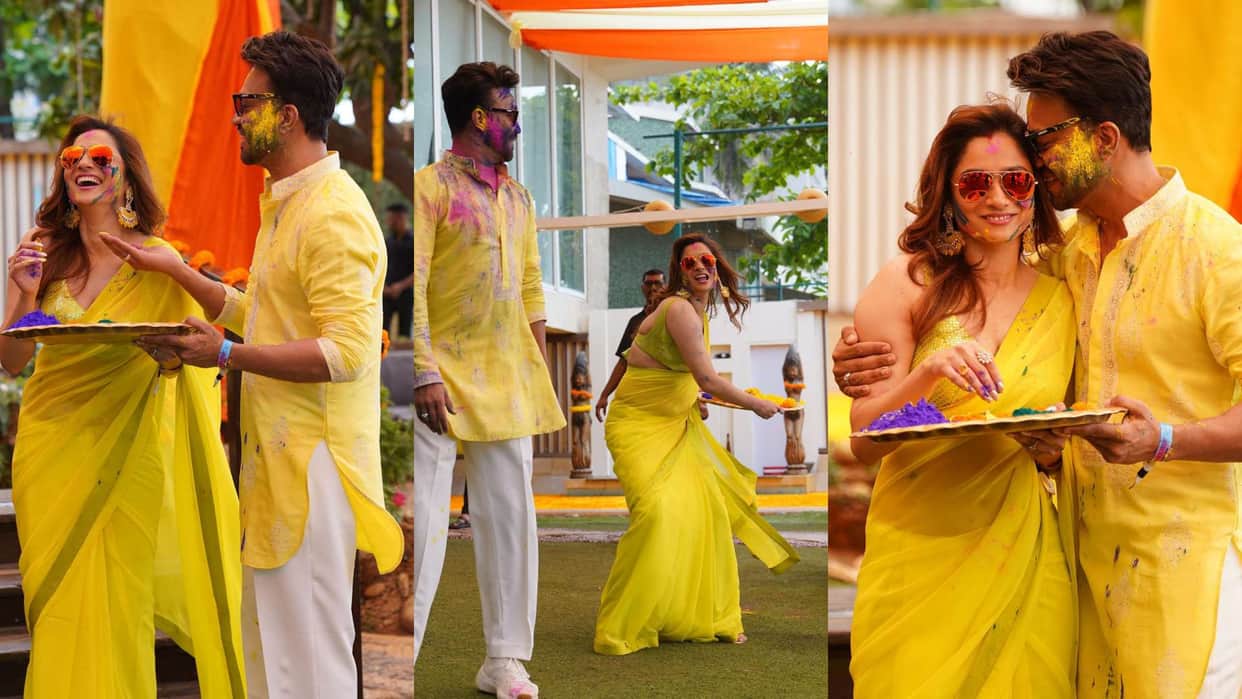 Holi 2023 Ethinic look of ankita lokhande with husband vicky jain in holi party