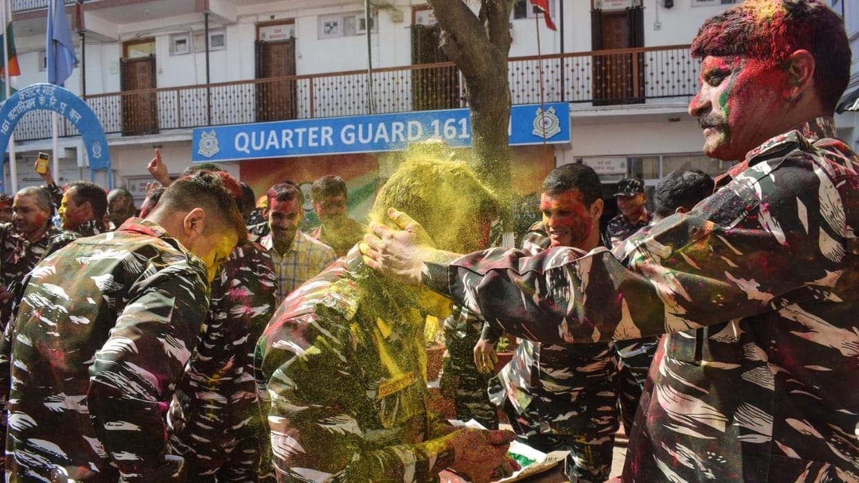 CRPF jawans celebrate Holi in South Kashmir Anantnag Jammu Kashmir
