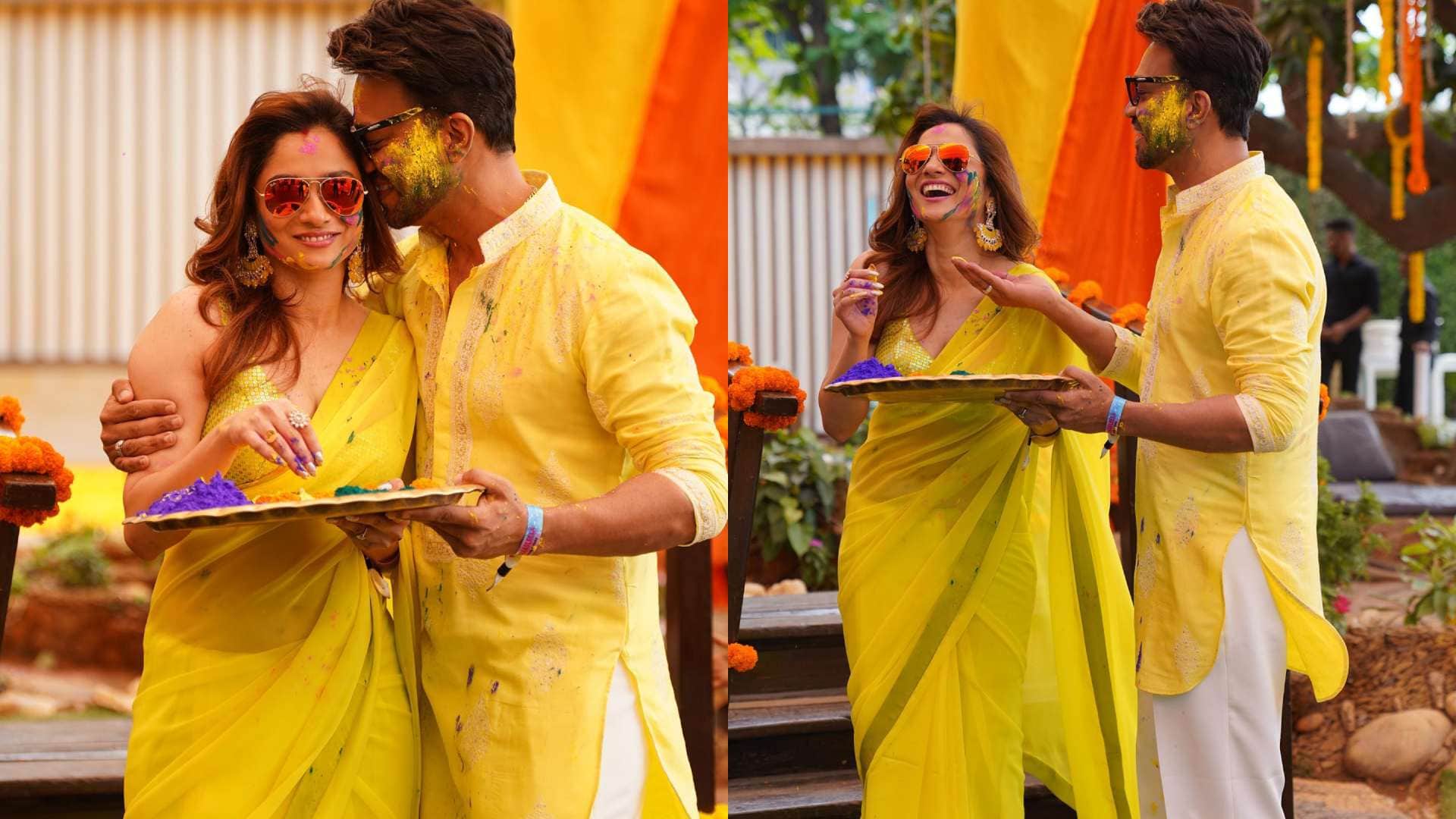 Holi 2023 Ethinic look of ankita lokhande with husband vicky jain in holi party