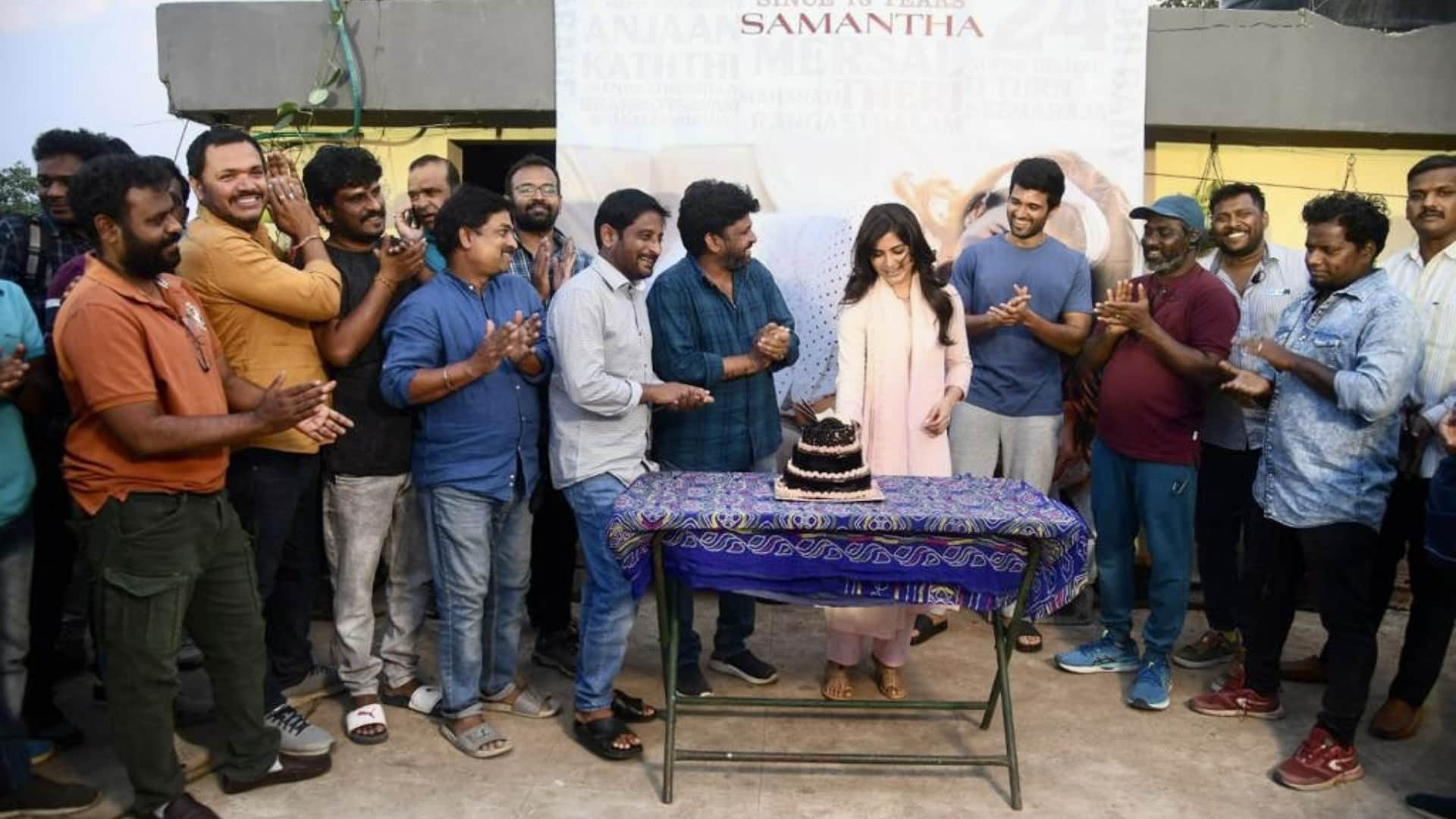 Samantha ruth prabhu back on kushi shooting vijay deverkonda and film team welcome actress by cutting a cake