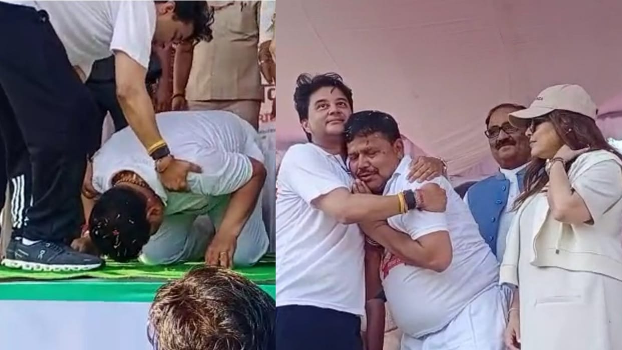 Energy Minister Pradyuman Singh Tomar worshiped feet of Scindia in Gwalior, actress Mahima was surprised