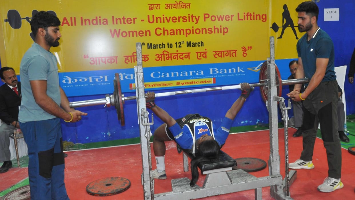 all india inter university power lifting women championship in Indore Stadium Dharamshala