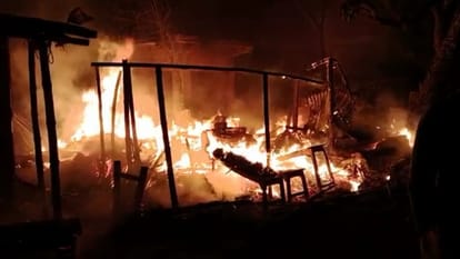 People agitated over the burning of two shrines along with shops in Kishanganj, protested by blocking the road
