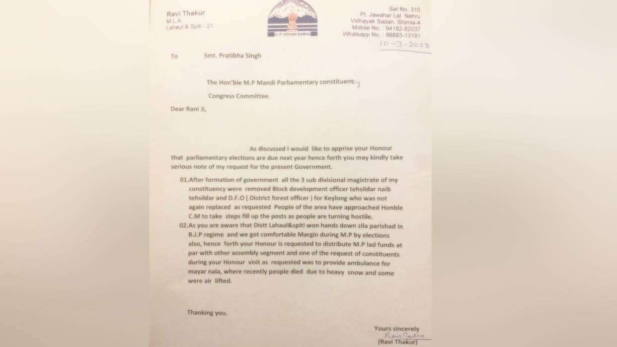 Lahaul Spiti MLA Ravi Thakur write letter to Himachal Pradesh Congress President Pratibha Singh