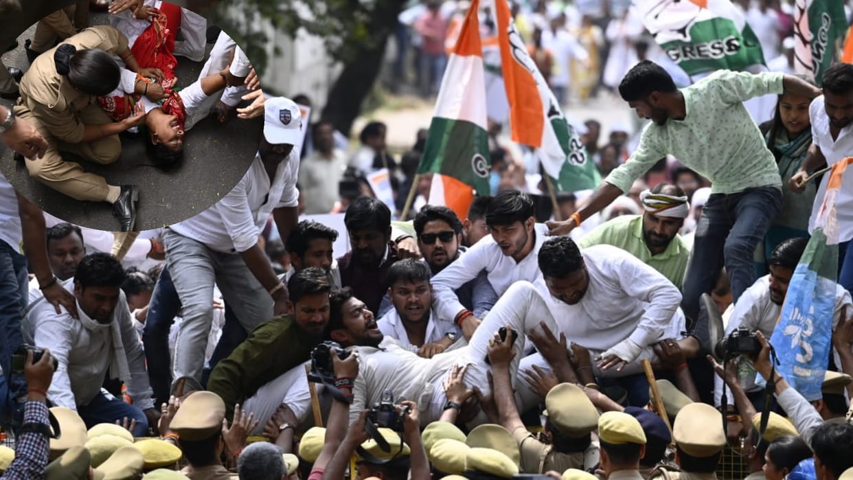 Congress leaders protest in Lucknow over price rise and unemployment.