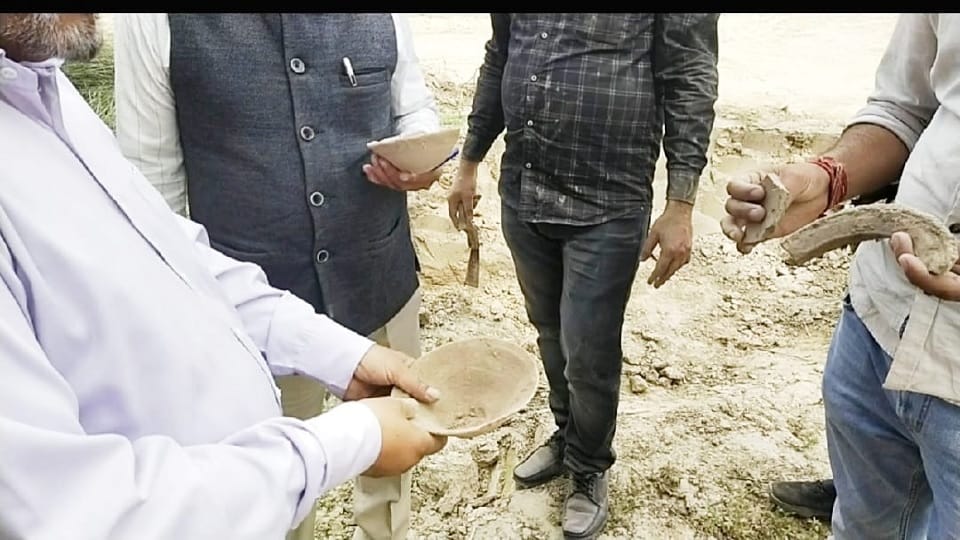 Ancient bricks human skeletons pottery and toys found from mound of Johar Majra in Karnal