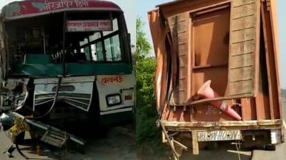 Raebareli: ओवरटेक करने की कोशिश में ट्रक से पीछे से भिड़ गई रोडवेज बस, छह से ज्यादा यात्री घायल हादसे के बाद का एक दृश्य।