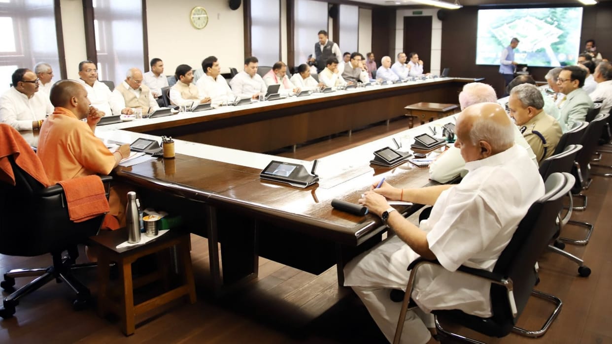 CM Yogi Adityanath meeting with officers over investment in Uttar Pradesh.