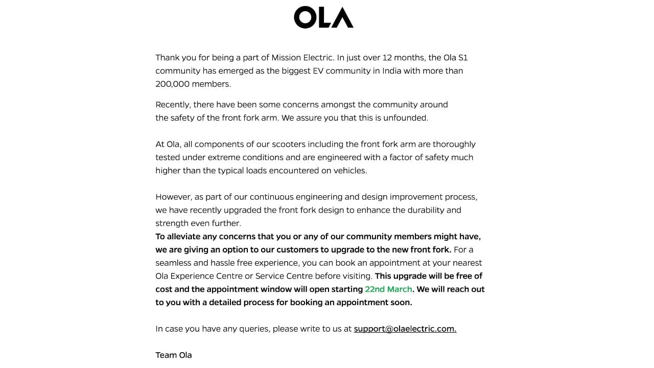 ola recalled s1 electric scooter for front fork upgrade, know full details