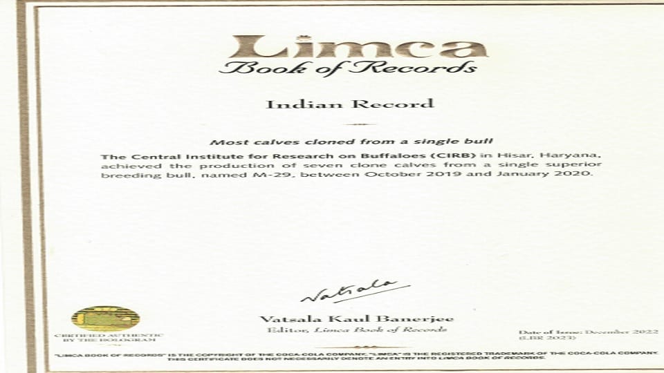 CIRB registered in Limca Book for maximum clone for one bull