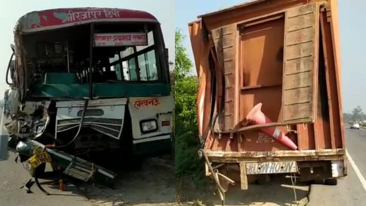 A bus hits to a truck while over taking on Lucknow Prayagraj Marg in Raebareli.