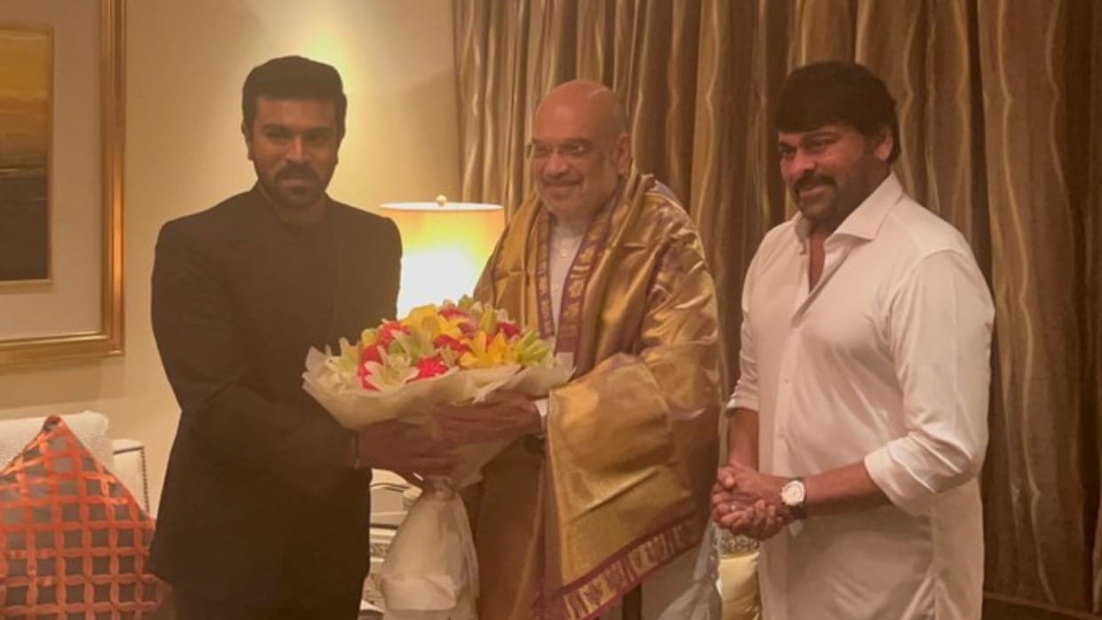 Ram Charan met home minister Amit Shah with father Chiranjeevi in Delhi after RRR natu natu song won Oscars