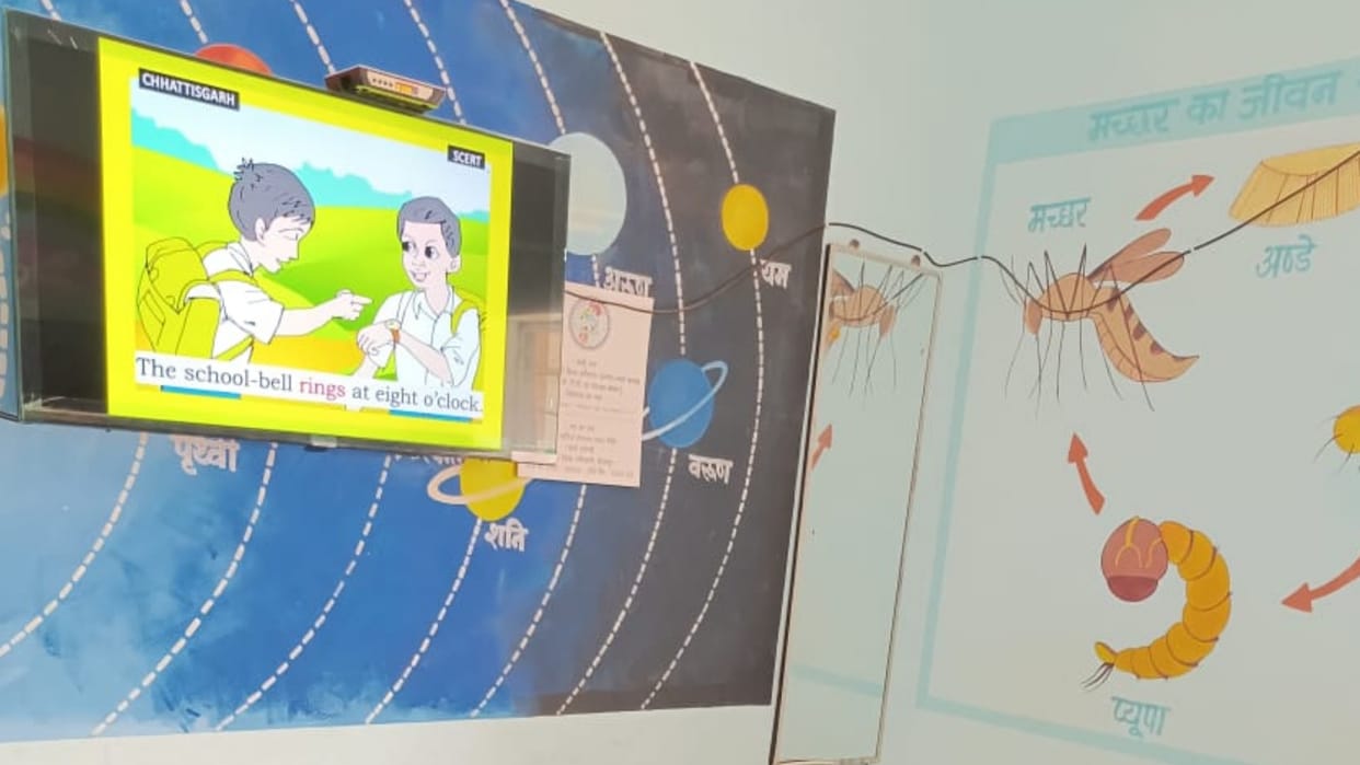 chhattisgarh children are learning basic education by watching smart tv in bijapur primary school