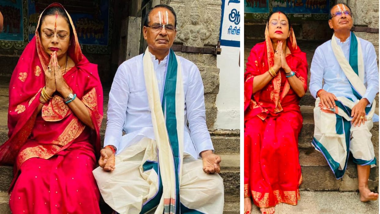 CM Shivraj: Shivraj reached Tamil Nadu, visited Swami Ramanujacharya temple in Sriperumbudur with wife