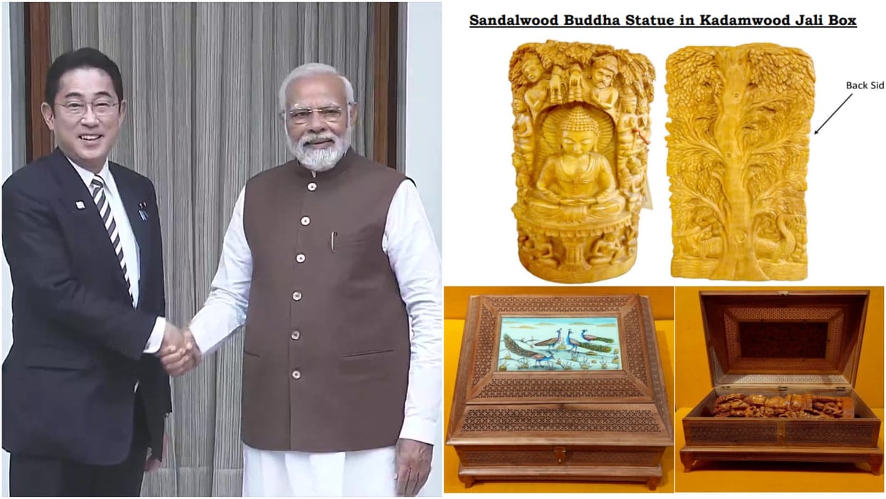 PM Modi gift Sandalwood Buddha Statue from Karnataka to Japanese PM Kishida Foreign Secretary Press Conference