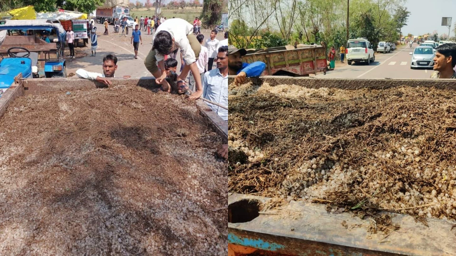 ट्रॉली में भरकर ओले लाए किसान