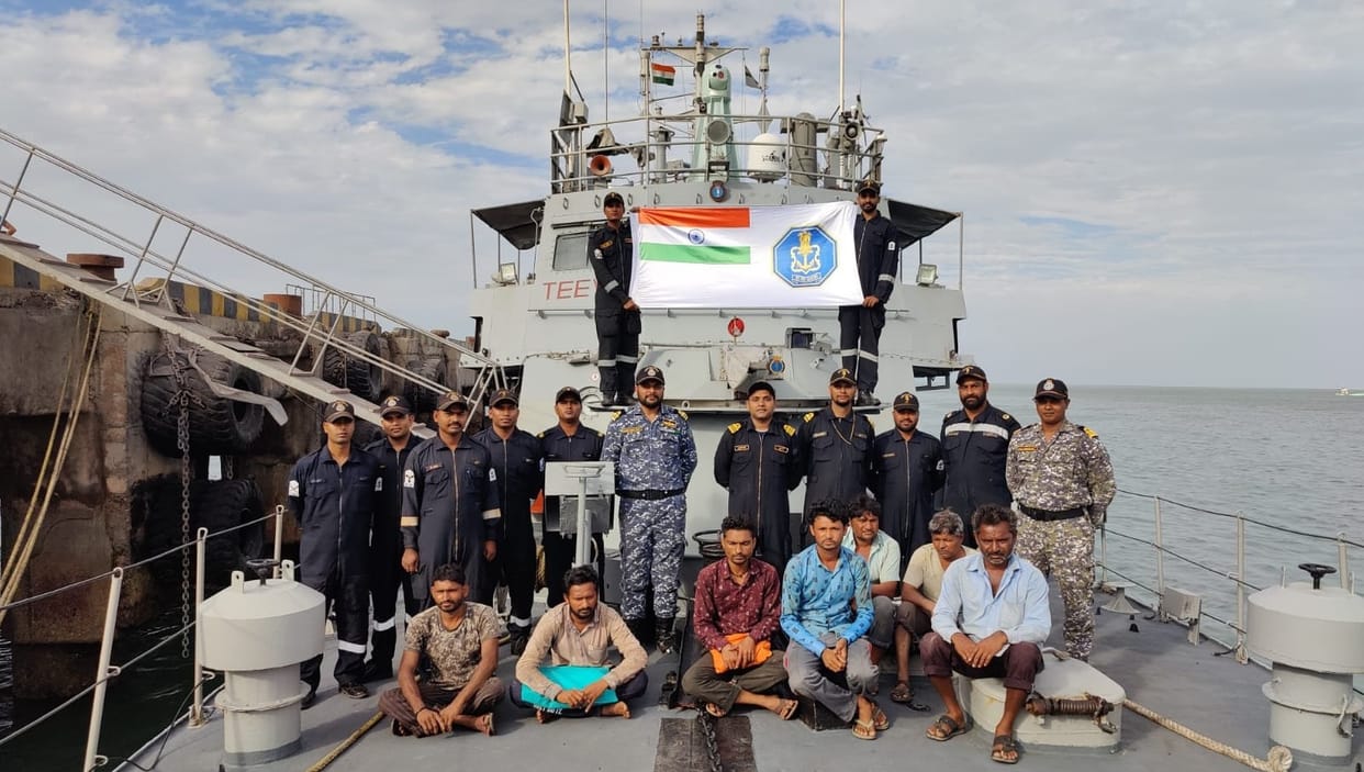 INS Karuva Rescued seven fishermen from fishing vessel Neelkanth based at Okha