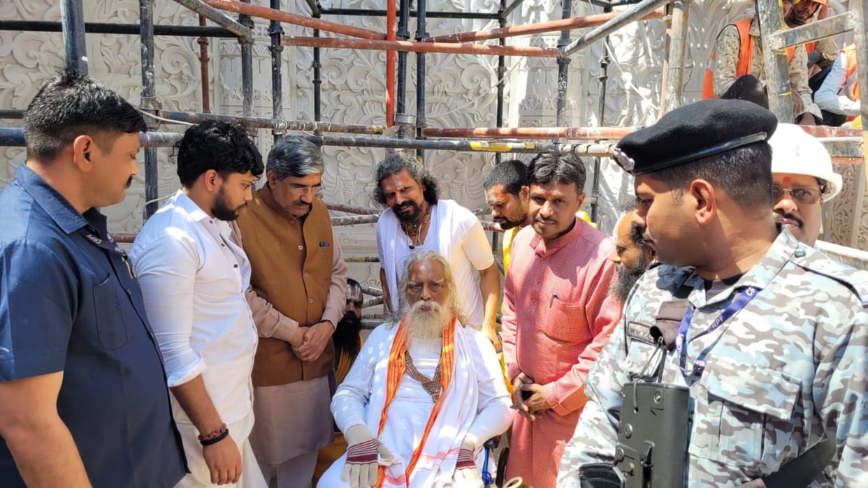 Mahant Nritya Gopal Das visits ram temple construction site in Ayodhya.