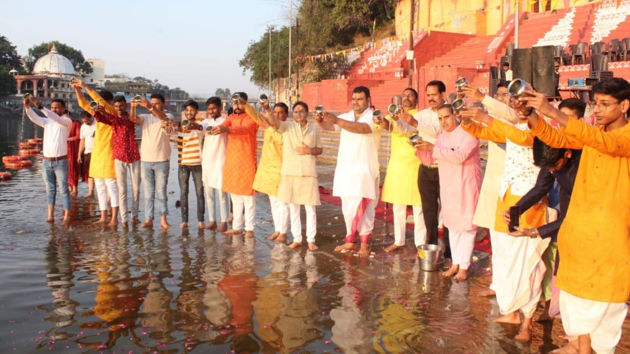 Hindu New Year is welcomed by offering Arghya to the first ray of the Sun, neem water offered to Mahakal