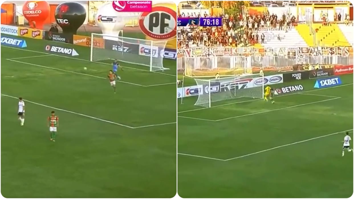 Chilean team Cobresal goalkeeper scores a goal direct from a goal kick goalie Leandro Requena