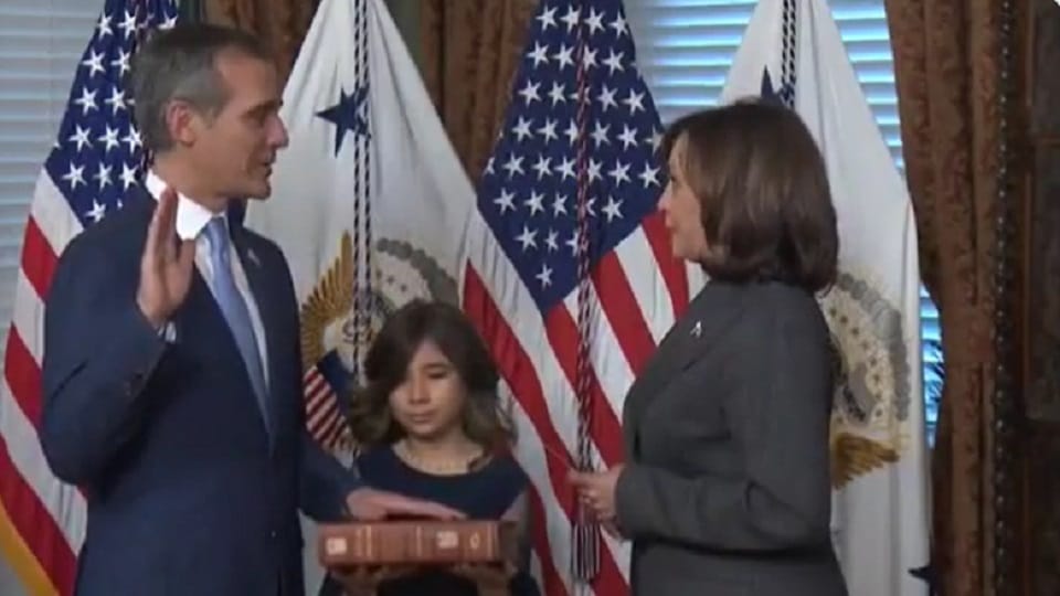 Eric Garcetti sworn in as US Ambassador to India by Vice President Kamala Harris