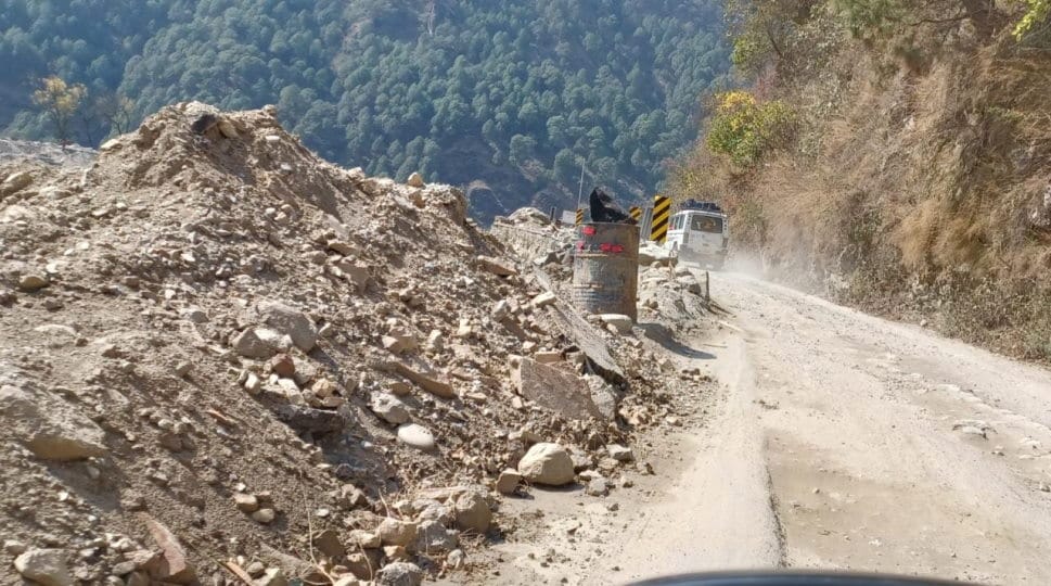 All Weather Road: debris of hill cutting spread on Roadside on Badrinath Highway and Dumping zone filled