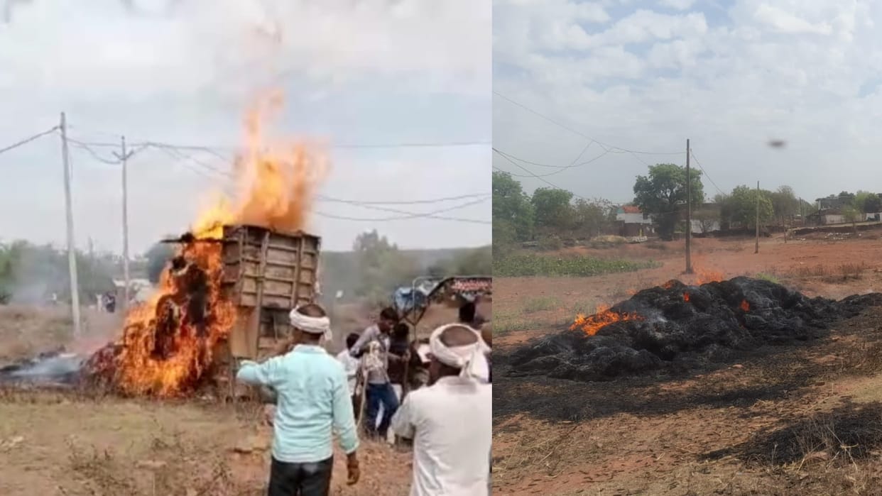 Tractor-trolley full of crop collided with electric wire and burnt, the driver saved his life by overturning
