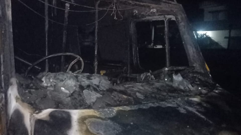 School bus parked near temple caught fire in Sonipat