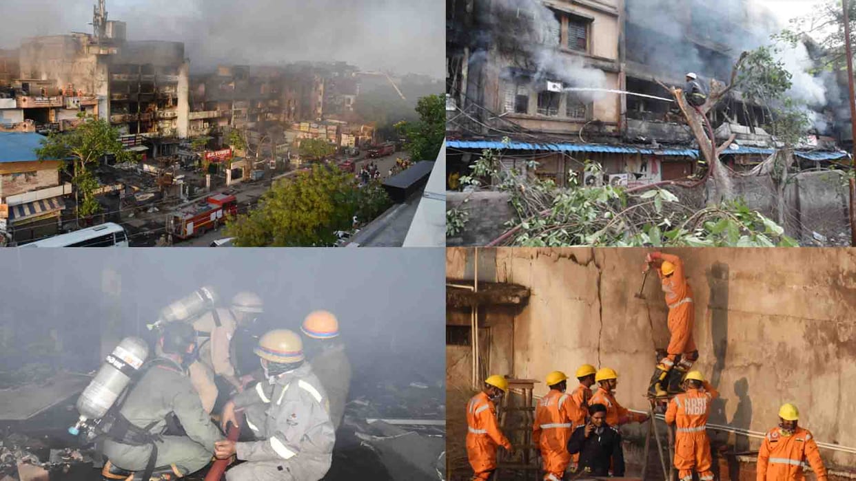 Complex fire: Smoke filled inside buildings, zero oxygen, temperature 400 degrees
