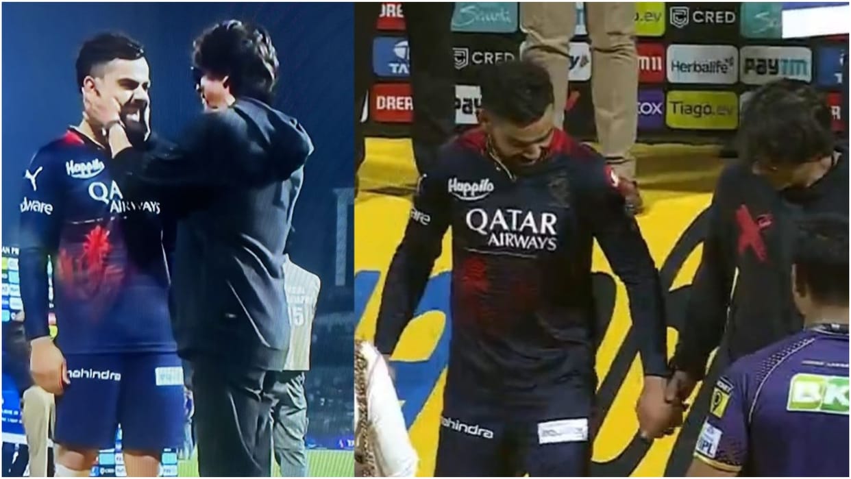 Ipl 2023 Kkr win against Rcb shahrukh khan hugs virat kohli and dance on Jhoome Jo Pathaan see viral video