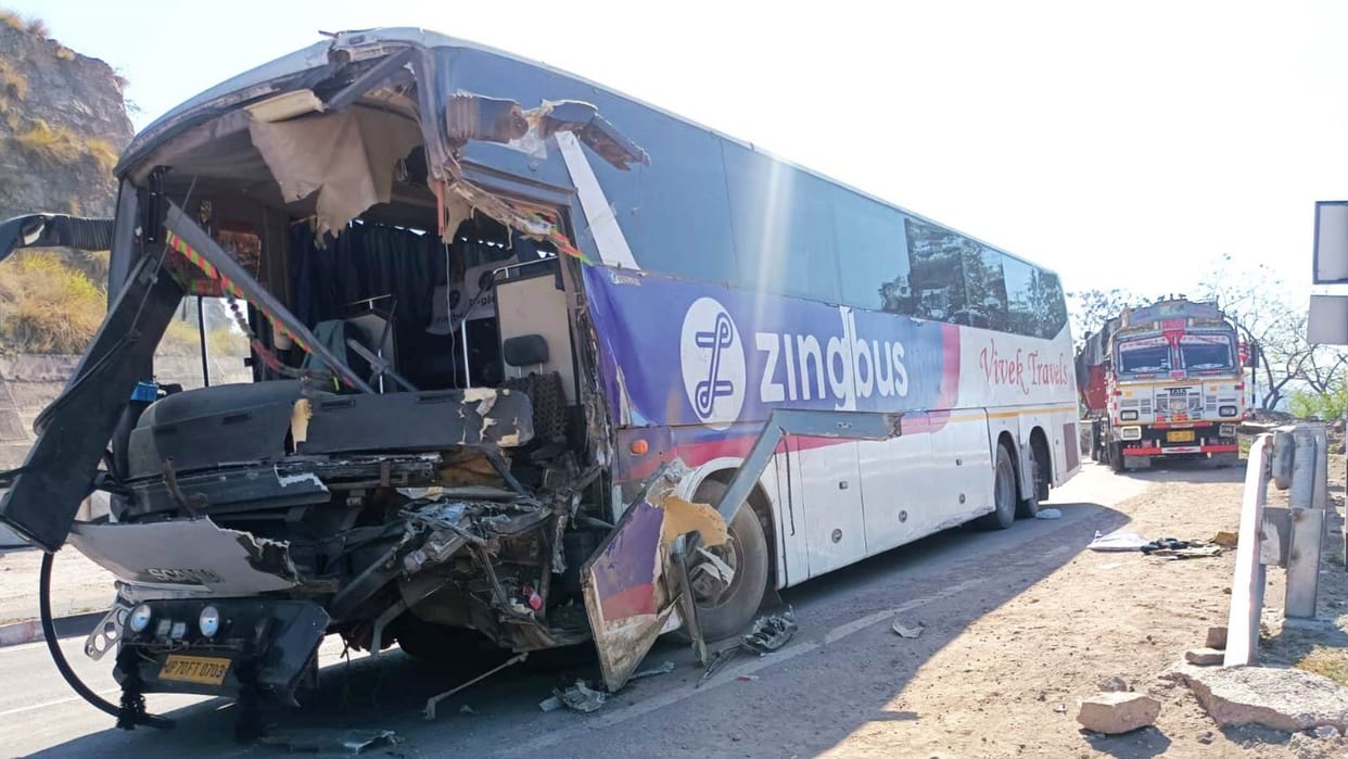 Bus truck collision on kiratpur nerchowk four lane in Garamaura Bilaspur