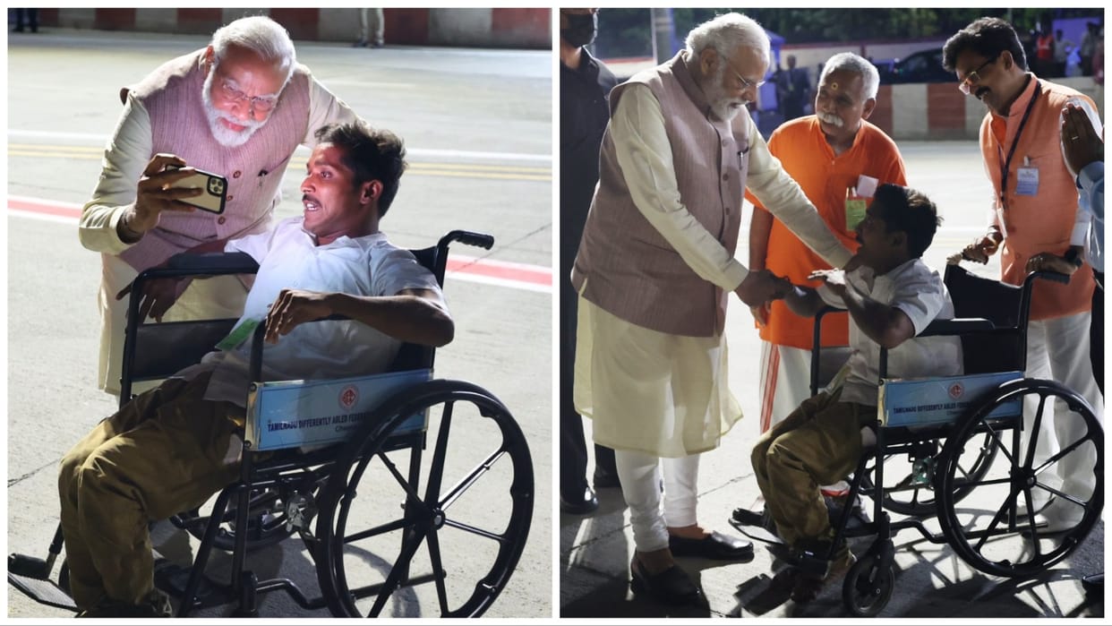 PM Modi take selfie with divyang bjp worker in chennai tamilnadu