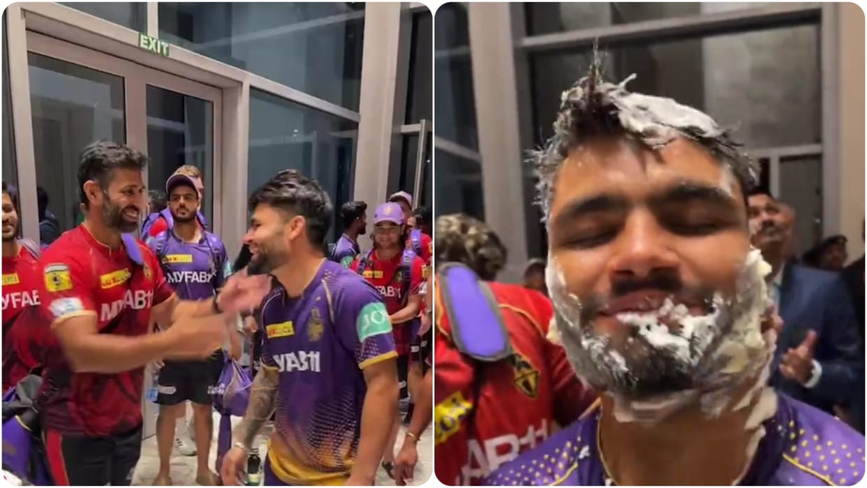 Rinku singh cuts cake surrounded by balloons and champagne KKR Win celebration after victory against GT