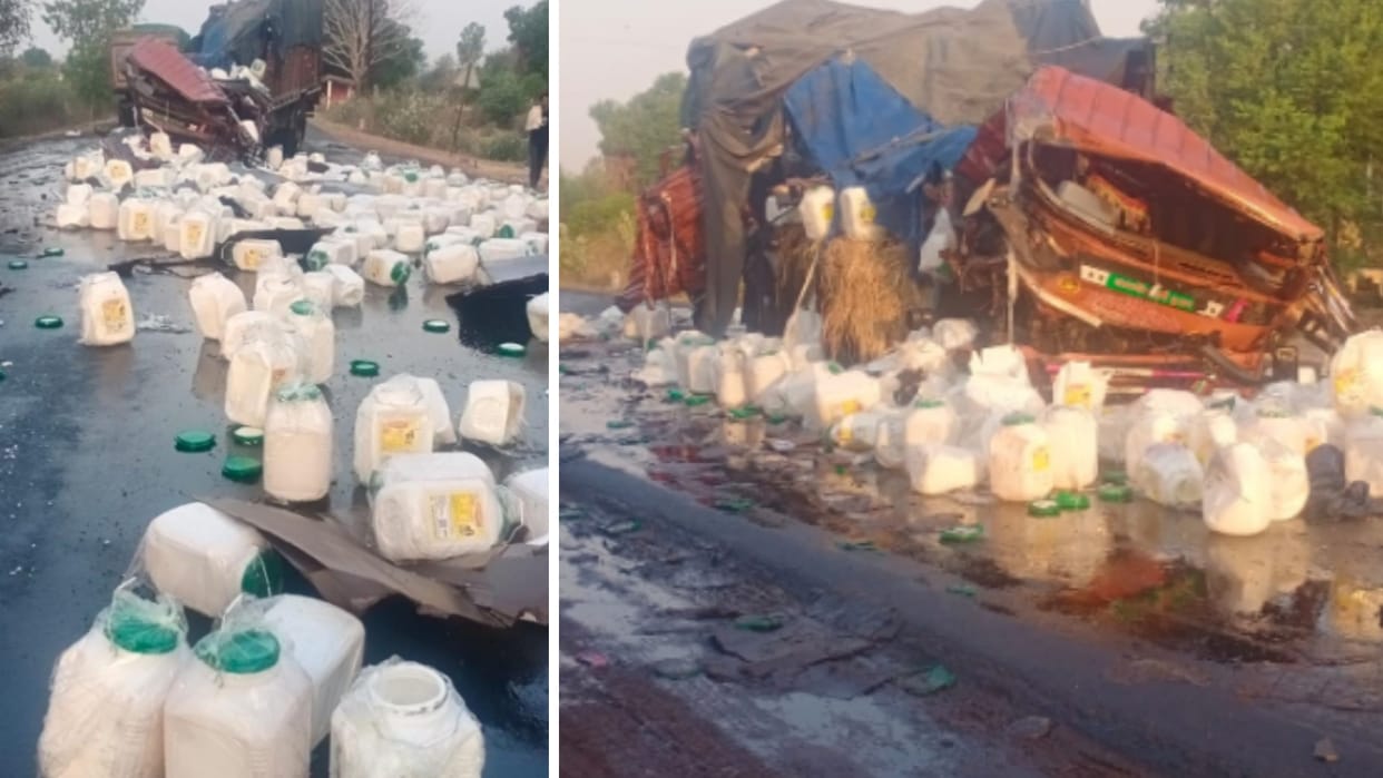 After the collision of a truck full of oil, oil spread all over the road, the people around came to collect it