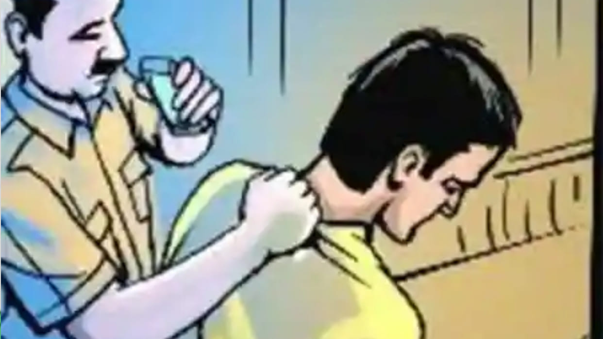 On strict questioning, the accused broke his head against the wall,