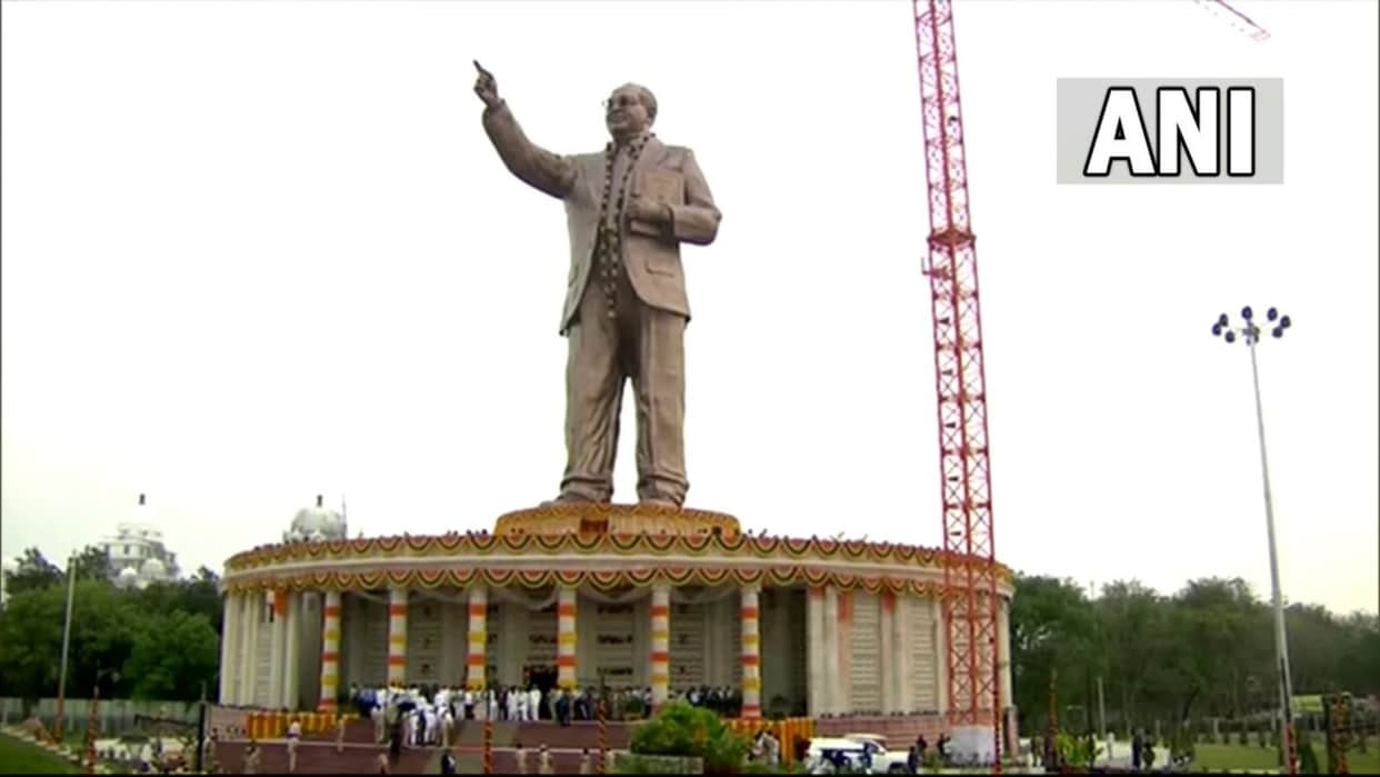 Telangana CM KCR unveiled the 125 feet high statue of Baba Saheb grandson of Dr. Ambedkar also present