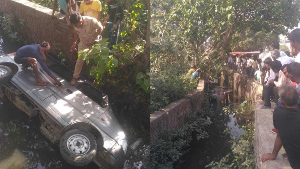 over speed car went uncontrolled and fell into the drain in bareilly