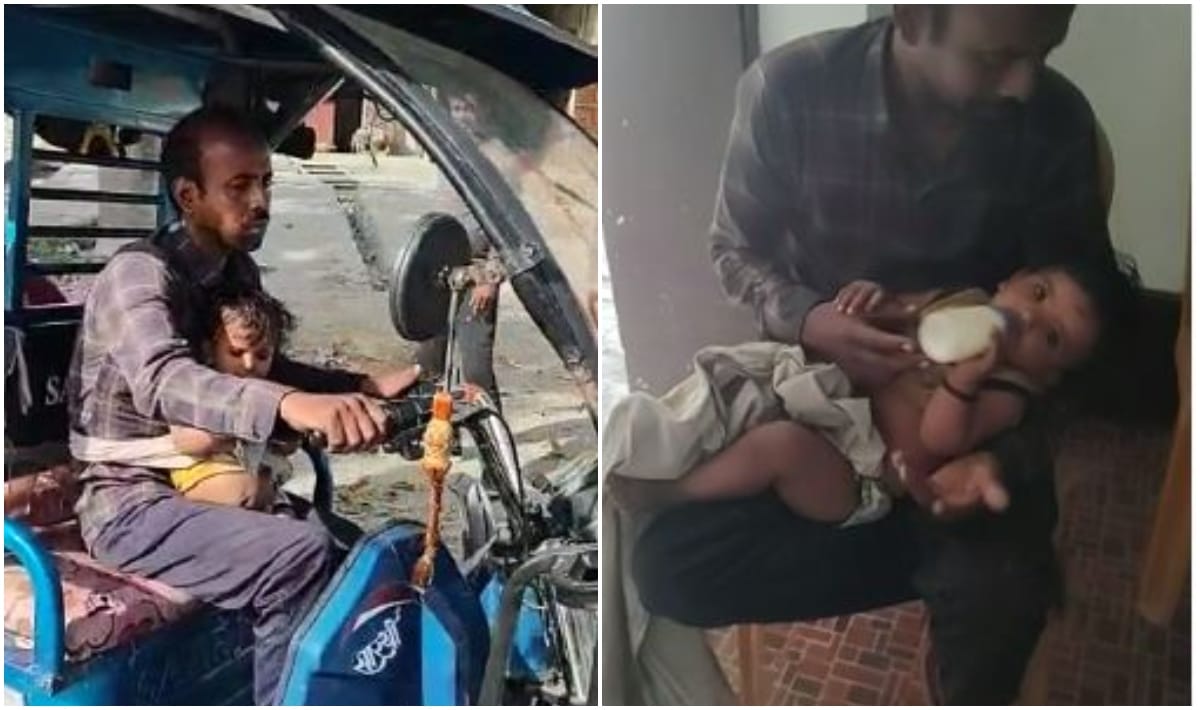 Father fulfilling mothers duty Kamlesh driving e rickshaw hugging innocent