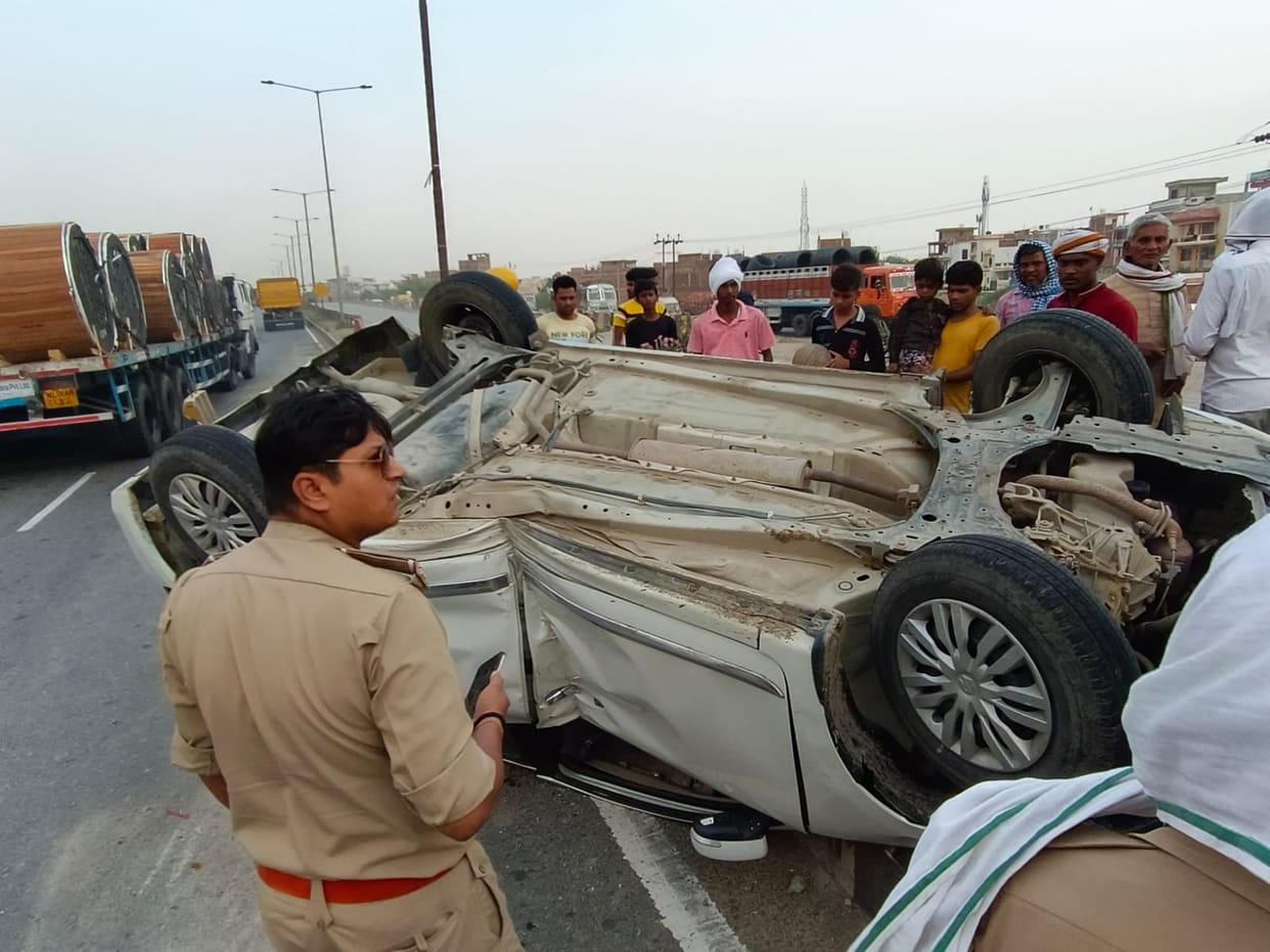 Road accident in varanasi Car overturned after collision with truck on National Highway