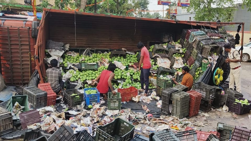 Uncontrolled truck full of mangoes overturned