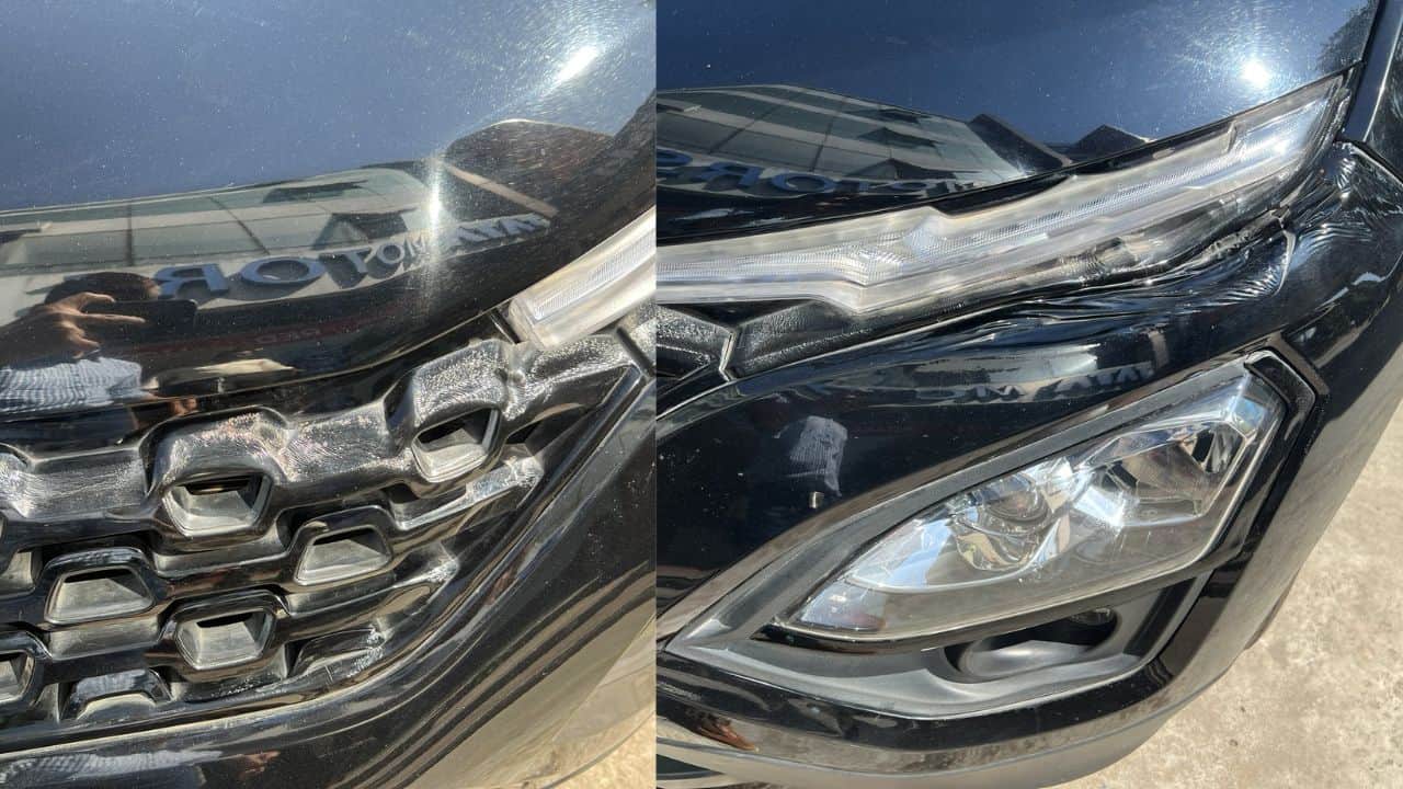 tata mid size suv harrier front bumper and grill melt in hot bengaluru, photos viral