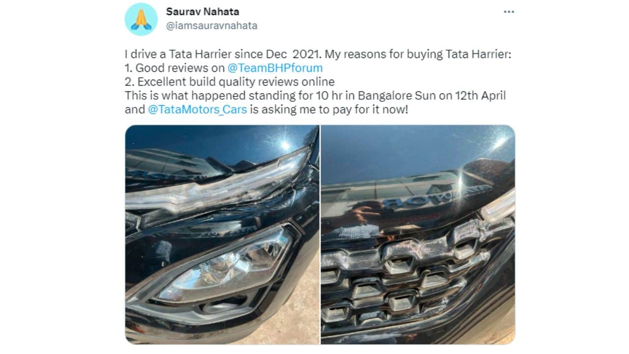 tata mid size suv harrier front bumper and grill melt in hot bengaluru, photos viral