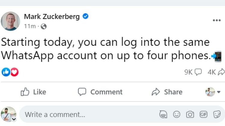 now log into the same WhatsApp account on up to four phones said Mark Zuckerberg