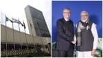 संयुक्त राष्ट्र मुख्यालय (बाएं) और पीएम नरेंद्र मोदी के साथ बिल गेट्स (बाएं)।