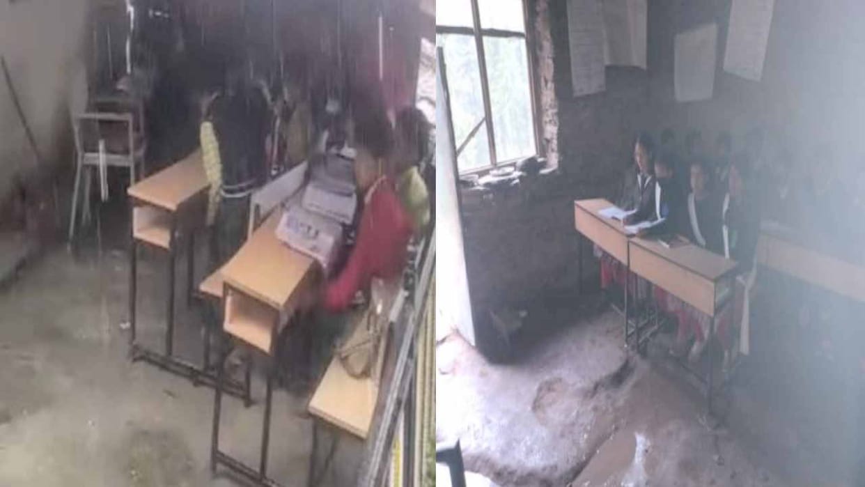 Children's studing under tarpaulin and in a dilapidated building in the midst of rain