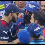 कोहली (बाएं) और गंभीर (दाएं) भिड़ते हुए, बीच बचाव करते बाकी खिलाड़ी