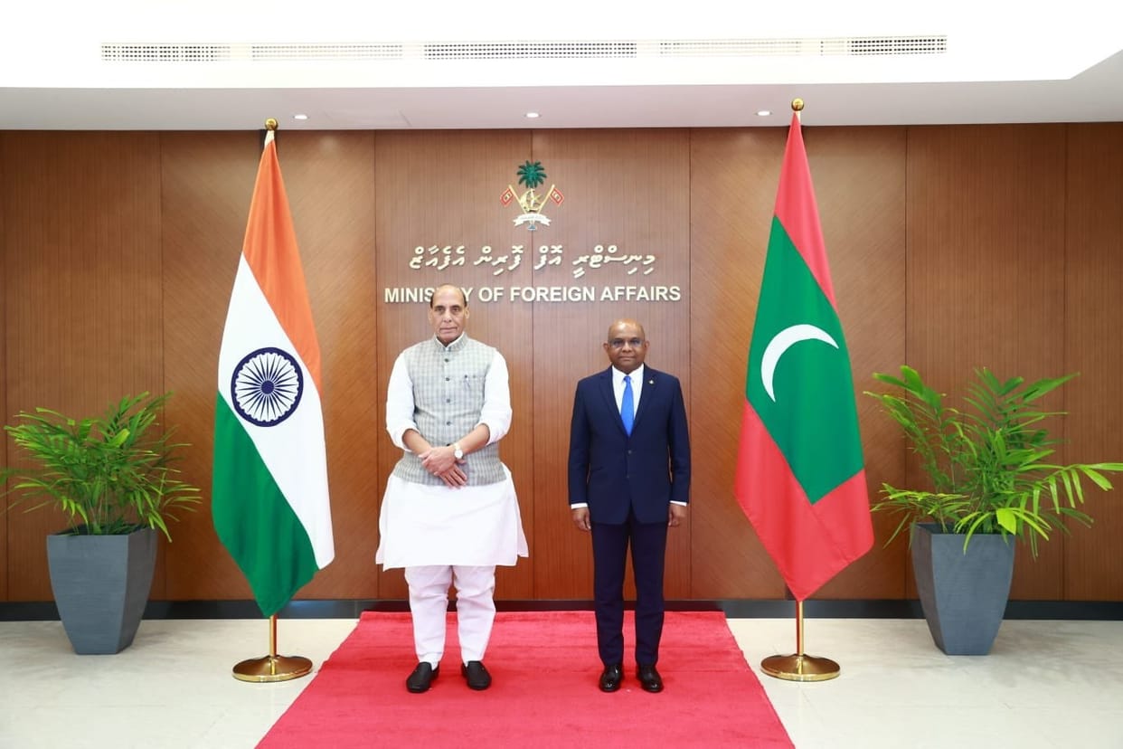 Union Defence Minister Rajnath Singh meets Maldives Foreign Minister Abdulla Shahid