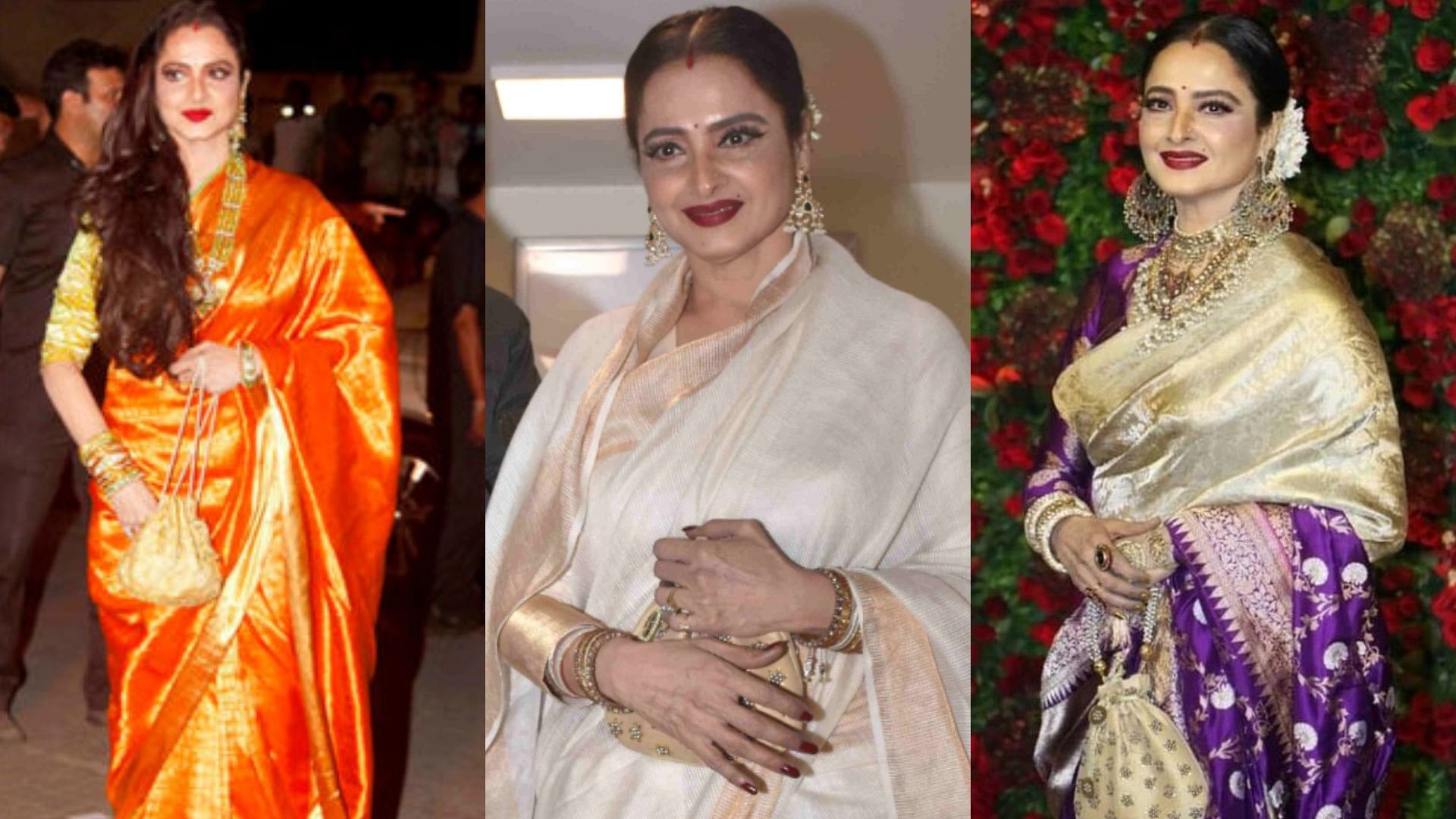 Rekha was born on 10 October 1954.She is a Bollywood Film Actress and  Politician.Rekha acts in Hindi, Telug… | Stylish sarees, Kanjivaram sarees  silk, Saree designs