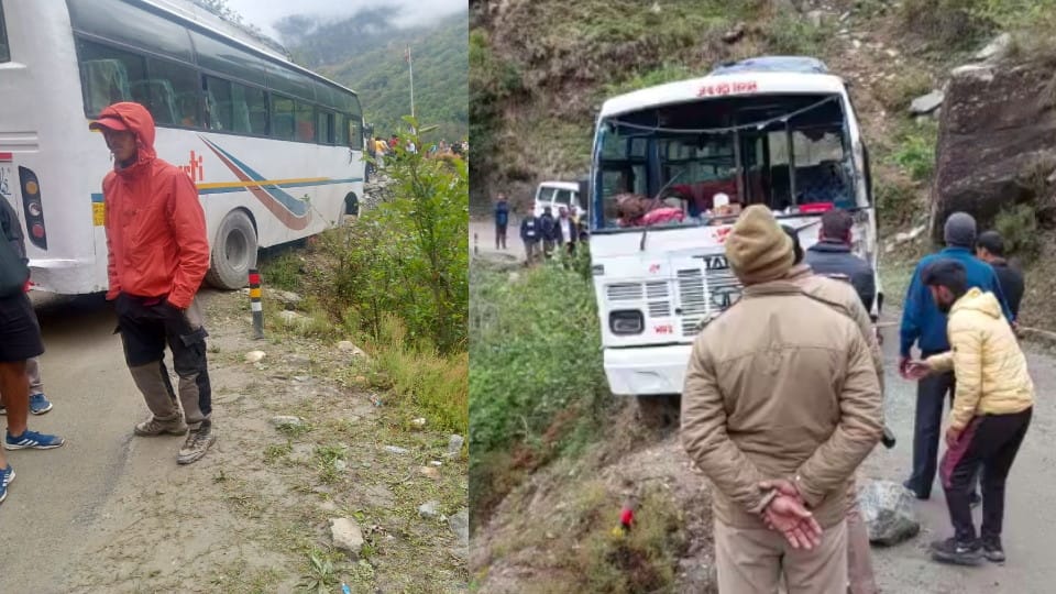 Chardham Yatra 2023 Rajasthan Pilgrims Bus Accident hangs in ditch on Yamunotri Highway